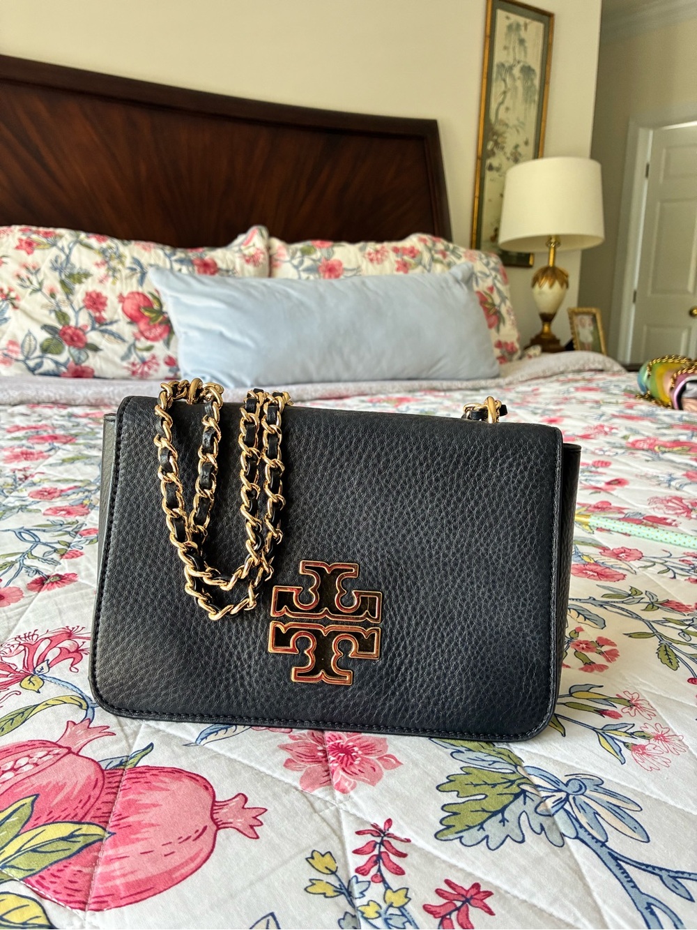 Tory Burch Black Pebbled Leather Crossbody with Gold-Tone Chain